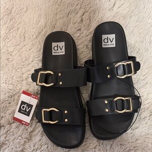 Dolce Vita Black Slides with Gold Accents